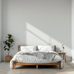 interior of bedroom with bed in front of empty wall