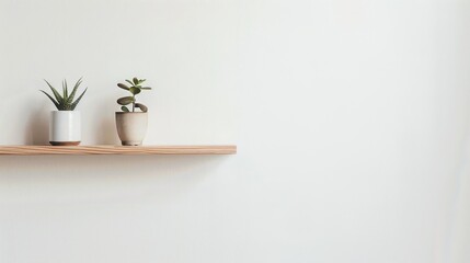 Fototapeta premium Minimalist shelf design with a cactus and succulent in pots against a white wall, perfect for modern interior decoration inspiration.