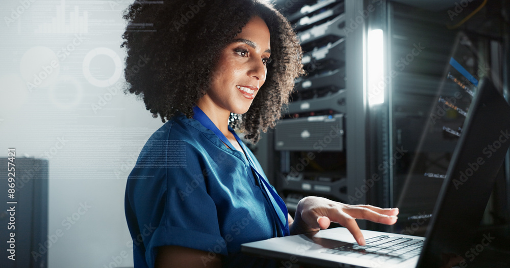 Fototapete Laptop, data center and technician programming software, update or system analysis overlay. Technology, server room and woman on database for information, cyber security or code for cloud computing