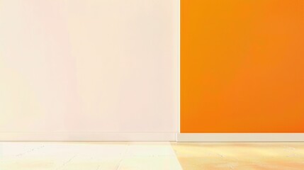 Obraz premium Minimalist room featuring a vibrant orange and white accent wall with light wooden flooring, creating a modern and lively atmosphere.