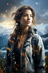 Obraz premium A young woman in a jacket, looking confidently into the distance, with snowy mountains in the background.