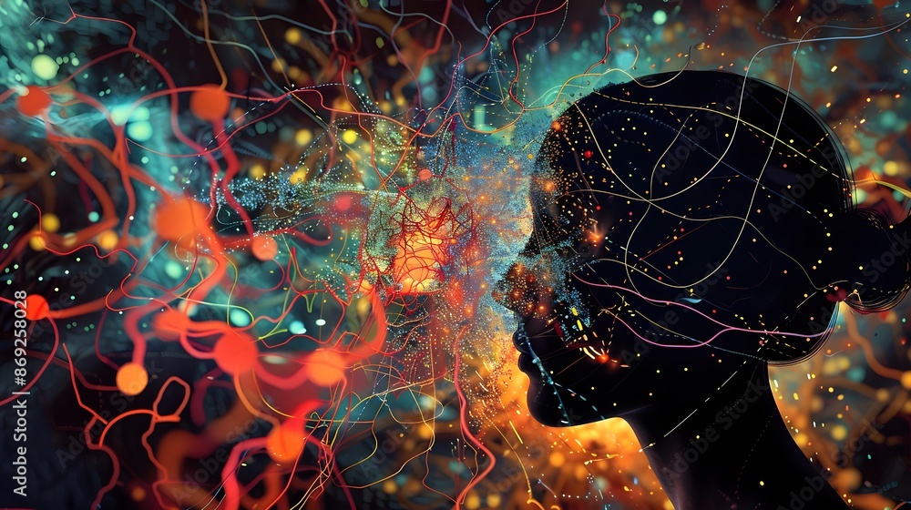 Poster a woman's face is shown in a colorful, abstract style. the image is a representation of the brain an