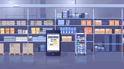 Obraz premium A smartphone with a warehouse management app open sits on a concrete floor in front of rows of shelves stocked with boxes.
