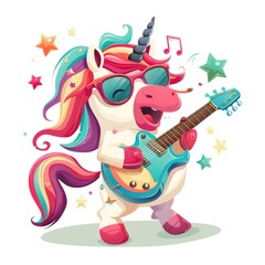 Cute Cartoon Unicorn Playing Electric Guitar with Colorful Mane and Glasses