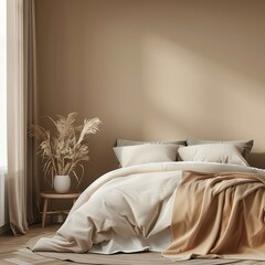 bohemian bedroom with pillows in front of empty wall