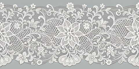 Fototapeta premium Delicate intricate ornate white lace pattern with floral motifs and swirling shapes on a transparent background, perfect for romantic invitations and wedding stationery designs.