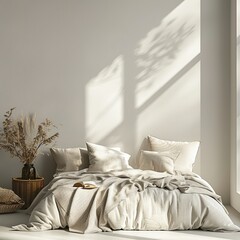 bed in a bohemian bedroom in front of empty wall