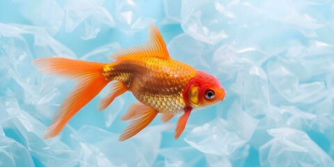 An orange goldfish swims among plastic waste symbolizing pollution in aquatic habitats. Concept wildlife conservation, plastic pollution, aquatic ecosystems, environmental impact, goldfish habitat