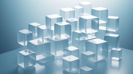 Obraz premium abstract 3d background, clean shapes, translucent geometric shapes, squares floating in the air as if made of ice with rounded edges, play of light