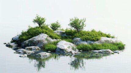 Small island with grass and stones. White background