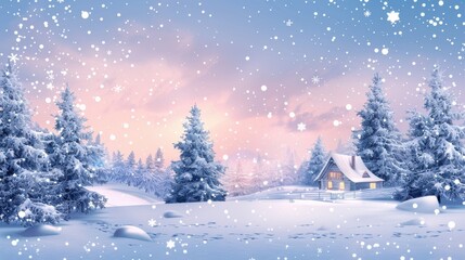 Fototapeta premium A winter background featuring a snowy landscape with snow-covered trees, gently falling snowflakes, and a cozy cabin in the distance, all set against a soft gradient sky transitioning from icy blues