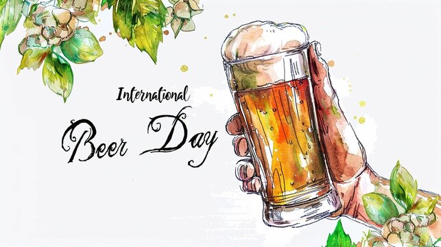 International Beer Day. Close-up Hand holding glass of beer on white background. watercolor hand painted. old stylize illustration