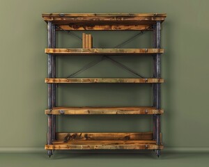 A rustic pine wood bookshelf with iron accents, standing against a deep olive green luxury house wall.