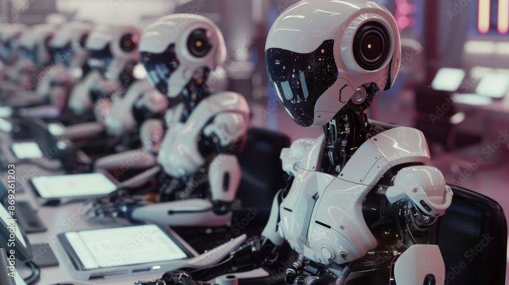 Poster robots in a high-tech lab collaboratively working on complex scientific projects with advanced equip