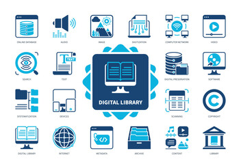 Digital Library icon set. Digitization, Content, Metadata, Devices, Text, Digital Preservation, Database, Library, Internet. Duotone color solid icons