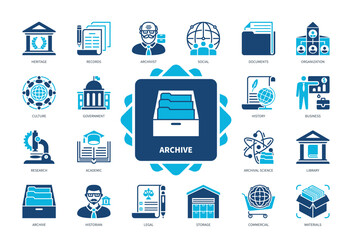 Archive icon set. Materials, History, Academic, Commercial, Culture, Research, Library, Organization. Duotone color solid icons