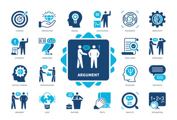Argument icon set. Reason, Justification, Persuasion, Philosophy, Statement, Sentences, Dialectic, Conclusion. Duotone color solid icons