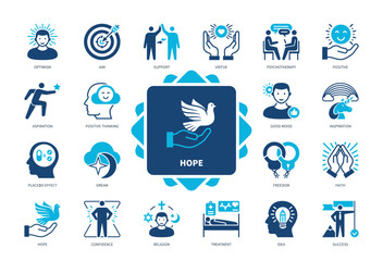 Hope icon set. Optimism, Positive Thinking, Virtue, Freedom, Confidence, Aspiration, Faith, Good Mood, Success. Duotone color solid icons