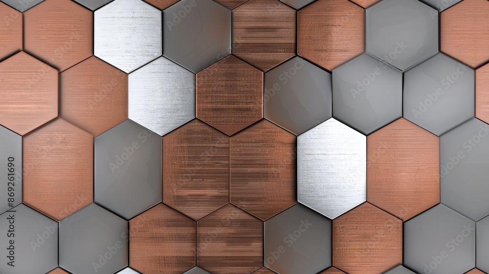 Poster a close-up view of a wall covered in hexagonal tiles, with a grey and rusty color scheme seamless pa