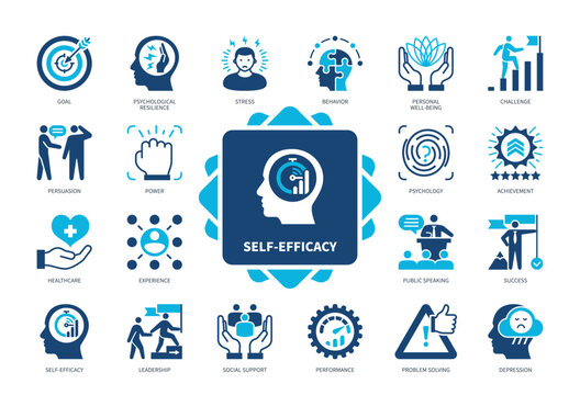 Self-Efficacy icon set. Goal, Experience, Social Support, Leadership, Performance, Achievement, Persuasion, Success. Duotone color solid icons