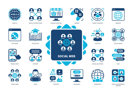 Social Web icon set. Blogging, Community, Mobile Apps, Content, Social Relations, Website, Education, User. Duotone color solid icons