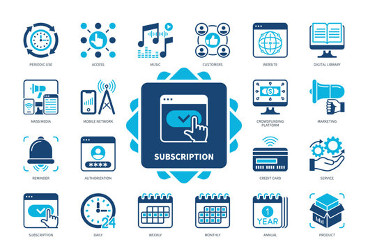 Subscription icon set. Authorization, Website, Service, Daily, Weekly, Monthly, Annual, Periodic Use. Duotone color solid icons