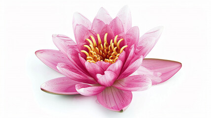 Fototapeta premium A pink water lily, shown from an angle to reveal its center against a white background