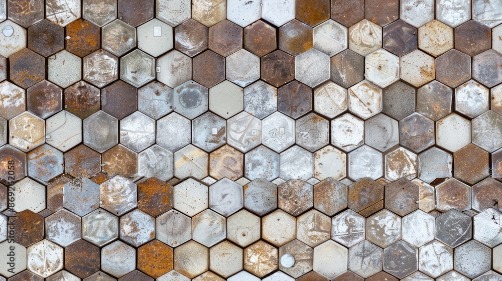 Poster a close-up view of a wall covered in hexagonal tiles, with a grey and rusty color scheme seamless pa