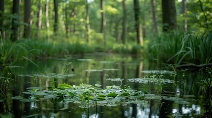 Lush wetland with diverse flora and fauna, teeming with life and natural beauty