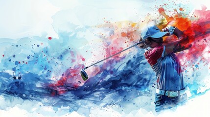 Dynamic female golfer painting vibrant colors swing