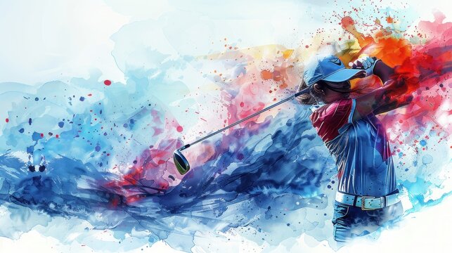 Dynamic female golfer painting vibrant colors swing