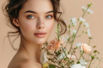 Fototapeta premium Close ups of a woman's face and flowers