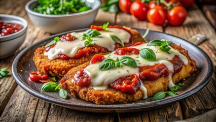 Vibrant, juicy, breaded and fried chicken topped with rich marinara sauce and melted mozzarella cheese on a rustic plate.