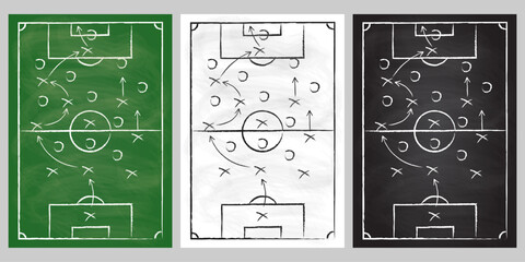Soccer or football field set with strategy game plan. Sport court, tactic scheme board. Vector illustration. © metelsky25