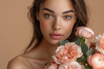 Fototapeta premium Close ups of a woman's face and flowers