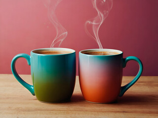 Two mugs of coffee or tea clinking together.