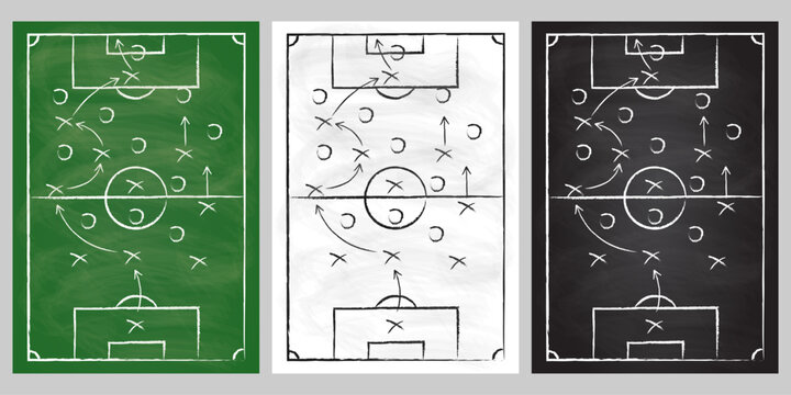 Soccer or football field set with strategy game plan. Sport court, tactic scheme board. Vector illustration.