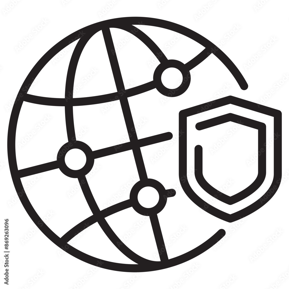 Wall mural picture of the globe and shield with a linear design suitable for internet security icon