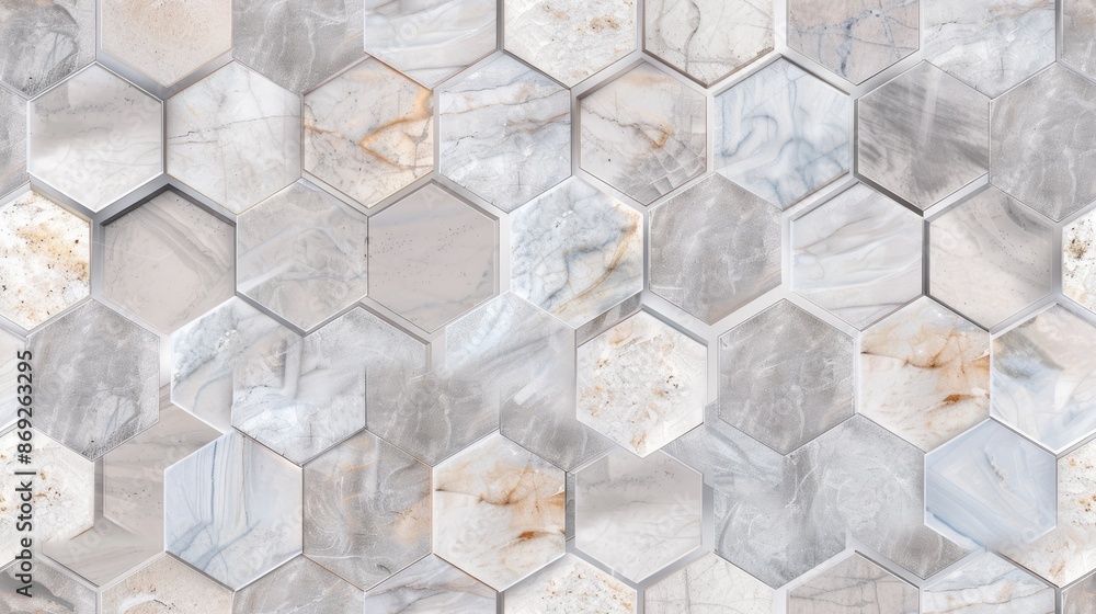 Poster a close-up view of a wall covered in hexagonal tiles, with a grey and rusty color scheme seamless pa
