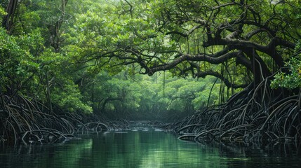 Dense mangrove forest with intricate root systems, providing coastal protection and habitat