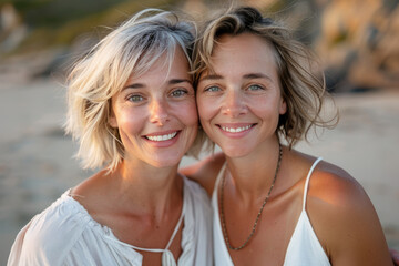 Fototapeta premium The elderly mother and young daughter are at the seaside