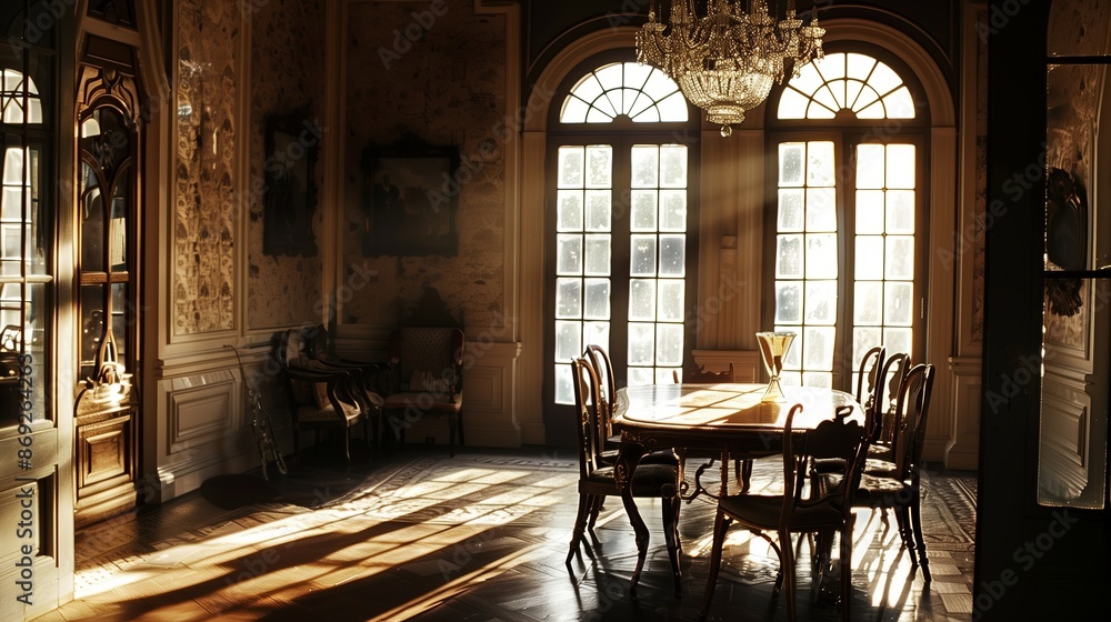 Poster A high resolution capturing the chiaroscuro effect in an elegant dining room. Sunlight streams