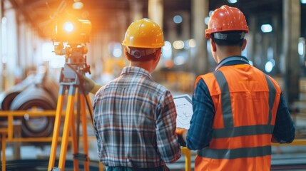 civil engineer or professional foreman in safety helmet hard hat using blueprint in digital tablet working while standing at industrial factory