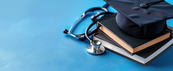 Graduation Cap, Stethoscope, and Books on a Blue Surface