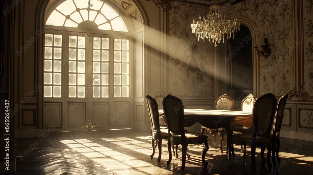 Poster A high resolution capturing the chiaroscuro effect in an elegant dining room. Sunlight streams