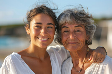 The elderly mother and young daughter are at the seaside