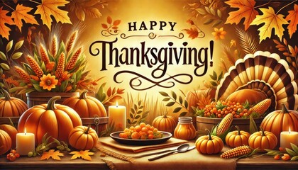 Thanksgiving Feast with Pumpkins and Candles