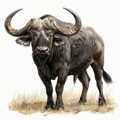 Fototapeta premium A large, horned animal with a long, black tail stands in a field