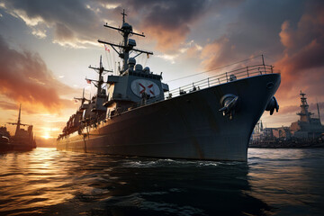 Fototapeta premium US navy warship stationed in port at sunset.