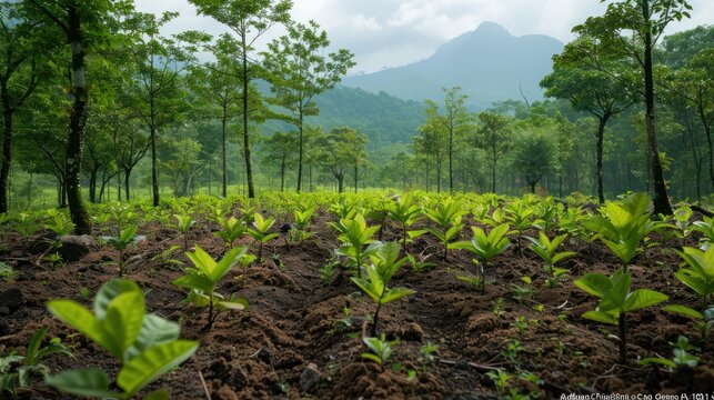 A thriving reforested area with saplings growing alongside mature trees, demonstrating successful conservation
